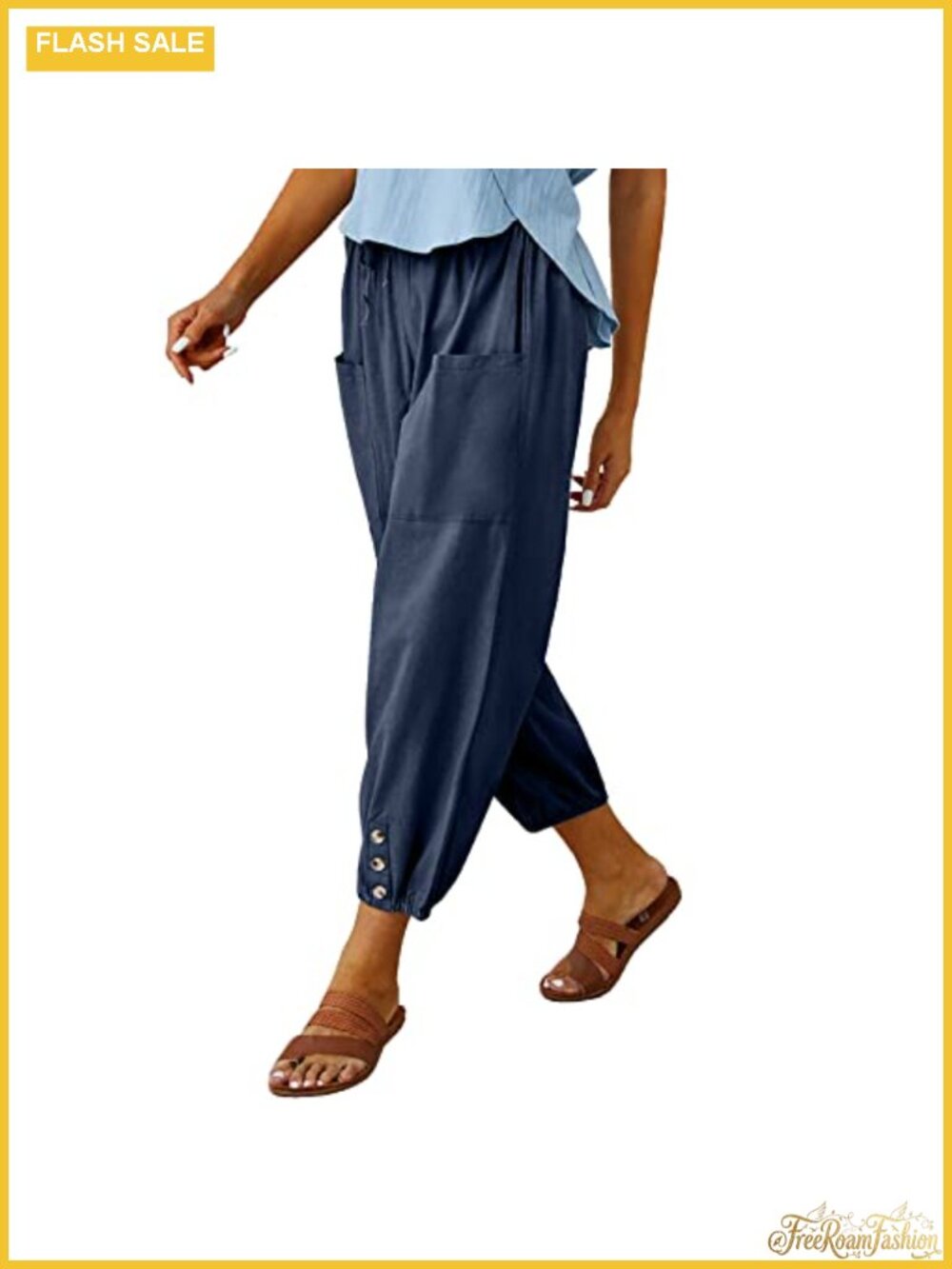 Women's High Waist Wide Leg Cropped Capri Pants Drawstring with Pockets
